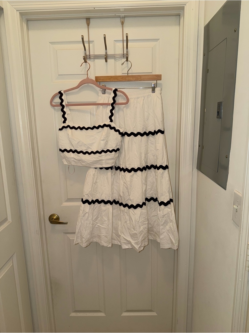 Japna White Two-Piece Skirt Set with Black Rickrack Trim
